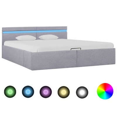 Cama de casal cinza com luz LED azul na cabeceira e colchão branco