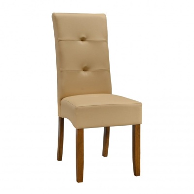 Cadeira de jantar bege estofada com pernas de madeira castanha