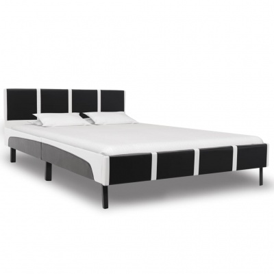 Cama de casal estofada em branco e preto com colchão e almofadas brancas