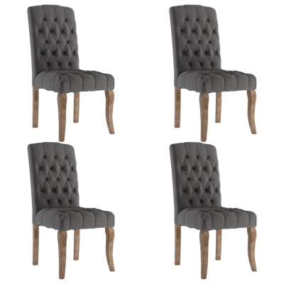 Quatro cadeiras estofadas cinzentas com capitonê e pernas de madeira clara