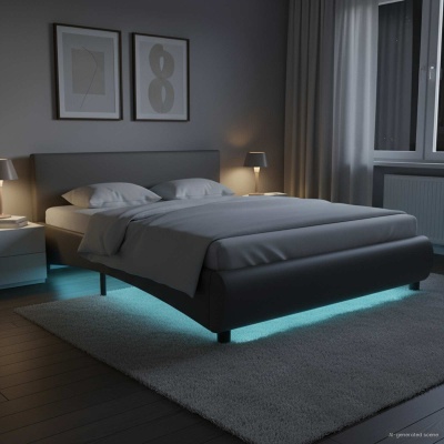 Cama de casal estofada cinza com iluminação azul sob ela num quarto moderno