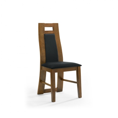 Cadeira de madeira castanha com estofamento preto