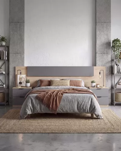 Quarto moderno com cama de casal, mesas de cabeceira e decoração minimalista