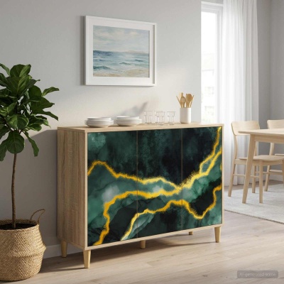 Aparador de madeira com portas decoradas verde e amarelo, utensílios e objetos decorativos no topo, planta e quadro na parede