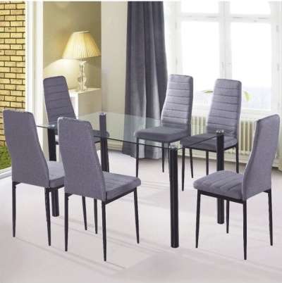 Conjunto de sala de jantar com mesa de vidro e seis cadeiras cinzentas