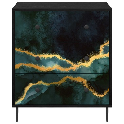 Cómoda preta com padrão abstrato azul, verde e dourado com puxadores redondos.