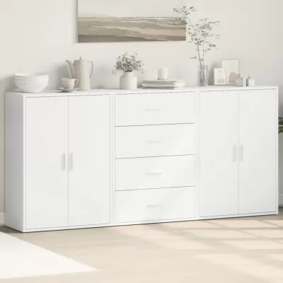 Aparador branco com quatro portas e três gavetas decorado com jarros, livros e quadro na parede