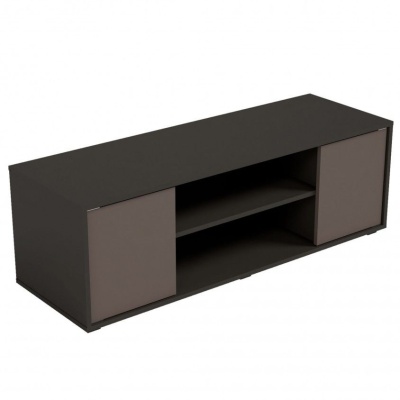 Móvel de TV retangular preto com portas cinzentas e prateleira central aberta