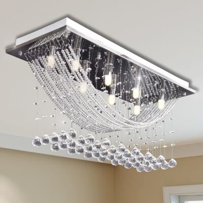 Lustre de teto retangular com cristais e luzes LED