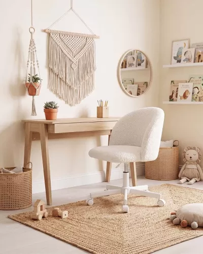 Escritório claro com mobília de madeira, cadeira branca peluda, tapete natural e decoração em macramê.