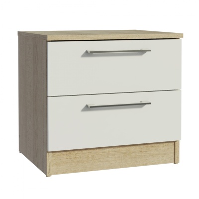 Cômoda de madeira clara com duas gavetas brancas