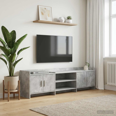 Estante para televisão cinza com planta e prateleira de madeira