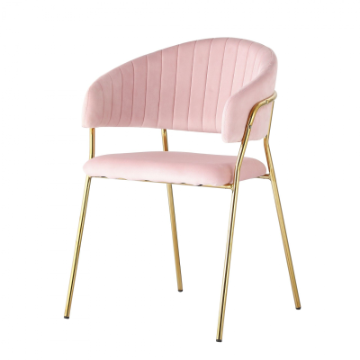 Cadeira rosa claro com estrutura metálica dourada e encosto riscado