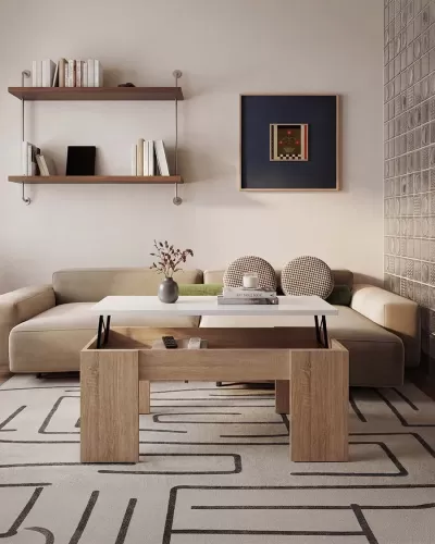 Mesa de centro em madeira clara com tampo branco elevatório em sala moderna