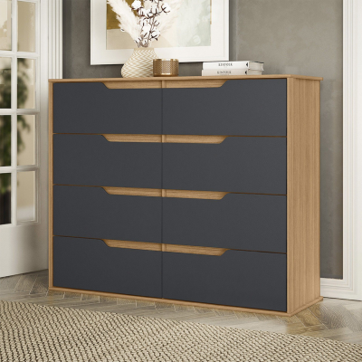 Cómoda madeira clara com gavetas cinzento escuro fosco e puxadores embutidos