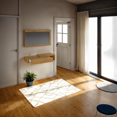 Entrada de casa com móvel de parede em madeira, tapete branco e planta em vaso preto
