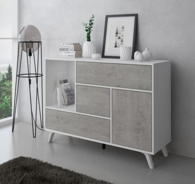 Aparador branco com frentes cinza que imitam betão, decorado com vasos e livros, em ambiente interior moderno