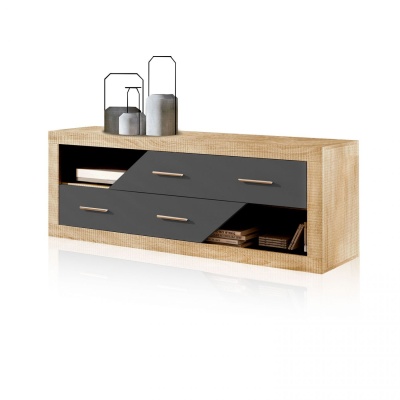 Móvel de apoio em madeira clara com gavetas pretas brilhantes e castiçais cinzentos no topo