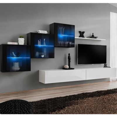 móveis de sala modernos com iluminação LED azul e decoração em parede cinza