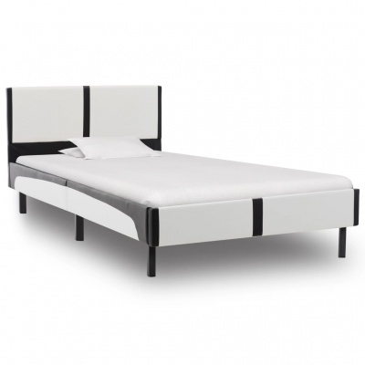 Cama de casal estofada em tecido branco e preto com cabeceira acolchoada e colchão branco