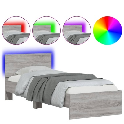 Cama individual em madeira com iluminação LED colorida na cabeceira