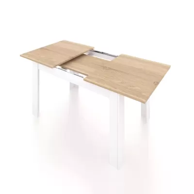 Mesa extensível de madeira clara e pernas brancas