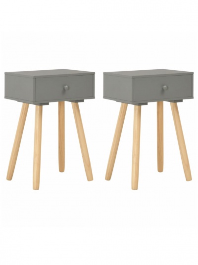 Par de mesas de cabeceira cinzentas com pernas de madeira clara