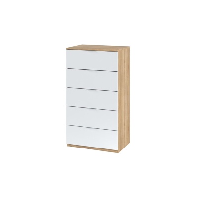 Móvel com cinco gavetas em madeira clara e frentes brancas