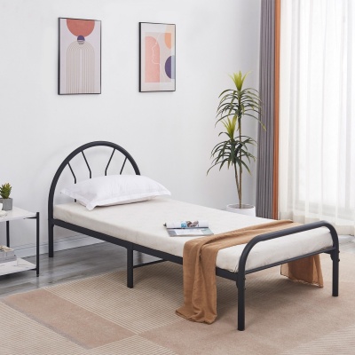 Cama individual metálica preta com roupa de cama clara, pinturas abstratas e planta num quarto moderno