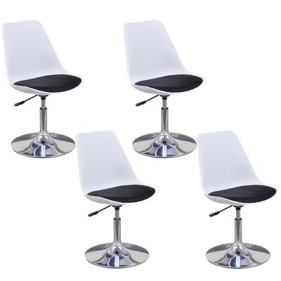 Conjunto de quatro cadeiras modernas brancas com assento preto e base metálica cromada