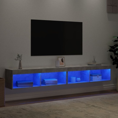 Móvel suspenso cinza com iluminação azul e televisão preta numa parede cinza.