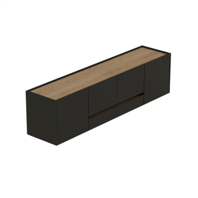 Móvel de madeira preto com tampo claro e portas frontais lisas