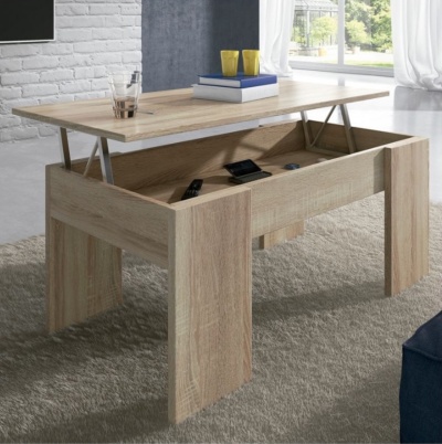 Mesa de centro em madeira clara com tampo elevatório e compartimento de arrumação