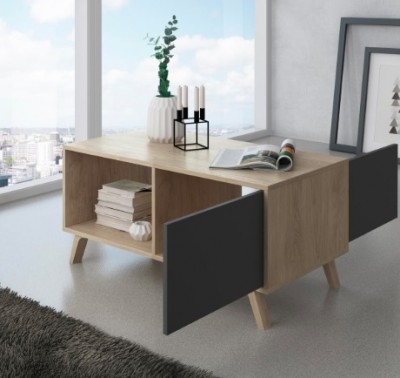 Mesa de centro em madeira clara com portas cinzentas e objetos decorativos