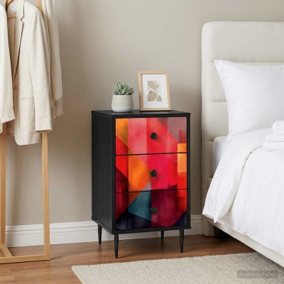 Cômoda preta com gavetas coloridas e decoração minimalista ao lado de cama