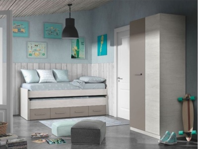 Quarto juvenil com cama de solteiro, armário, quadros na parede e decoração em tons de azul e cinza