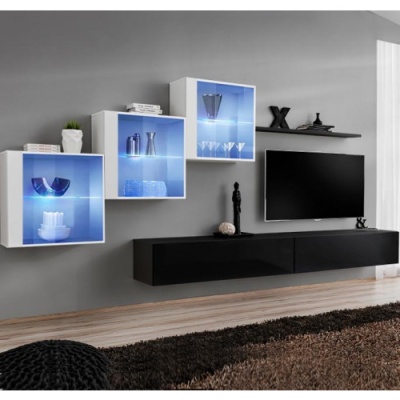 Móvel de sala moderno com caixas iluminadas azuis, prateleira e televisão na parede cinza