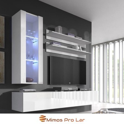 Móvel de sala de estar moderno branco com prateleiras, compartimento iluminado, televisão e parede cinzenta