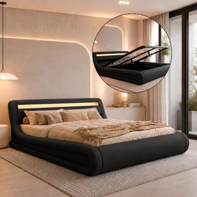 Cama dupla preta moderna com cabeceira iluminada e arrumação integrada num quarto com decoração minimalista