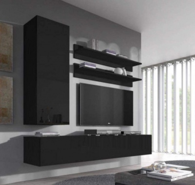 Móvel de sala de estar modular preto com televisão e prateleiras suspensas