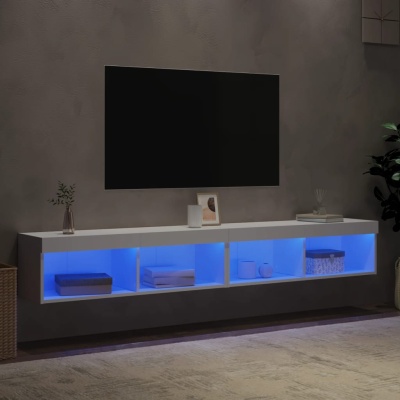 Móvel de TV branco suspenso com iluminação azul e decoração