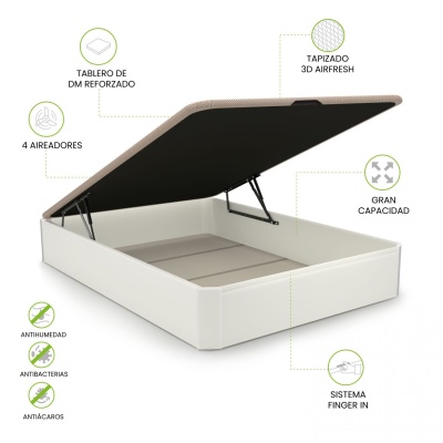 Base de cama branca com arrumação e tampa bege almofadada