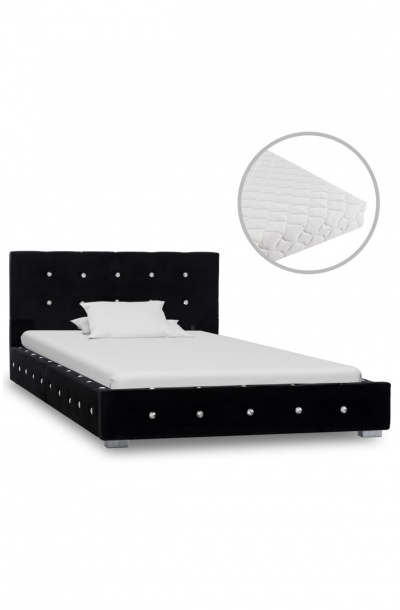 Cama de solteiro com estrutura preta estofada e colchão branco