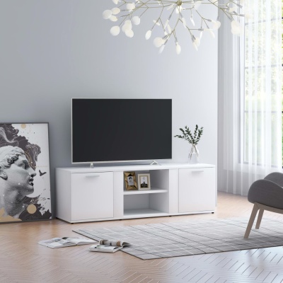 Móvel branco para TV com televisão e decoração em sala clara