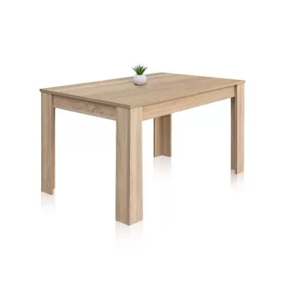 Mesa quadrada de madeira clara com planta em vaso branco no topo