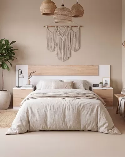 Quarto com cama de casal, cabeceira em madeira clara, mesas de cabeceira, candeeiros naturais e tapeçaria macramé.