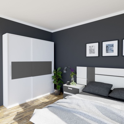 Quarto moderno com móveis brancos e cinza, cama, mesas de cabeceira, candeeiro, plantas e armário