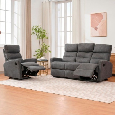 Conjunto de sofá e poltrona reclinável cinza em sala moderna
