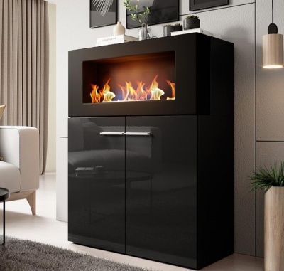 Móvel lareira moderno preto brilhante com fogo visível e portas