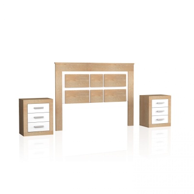 Conjunto de cabeceira de cama em madeira clara e branca com duas mesas de cabeceira com três gavetas